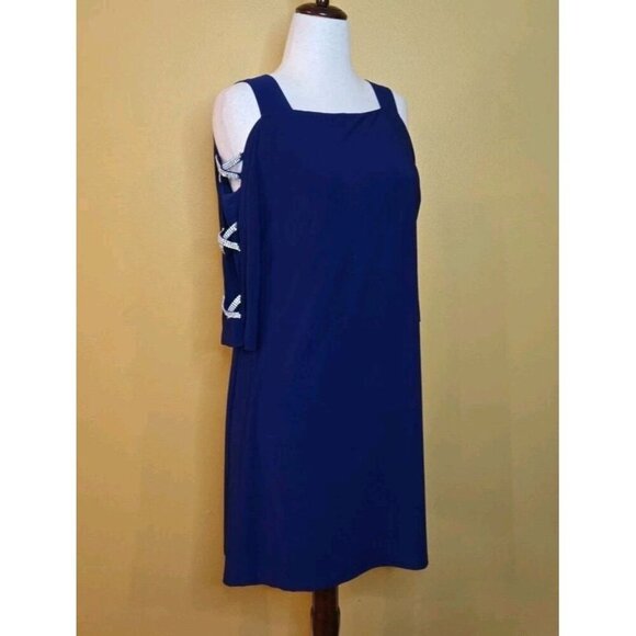 MSK Petite Rhinestone Strap Dress Navy Blue Large Open Sleeve Cold Shoulder 3/4 - Picture 1 of 10